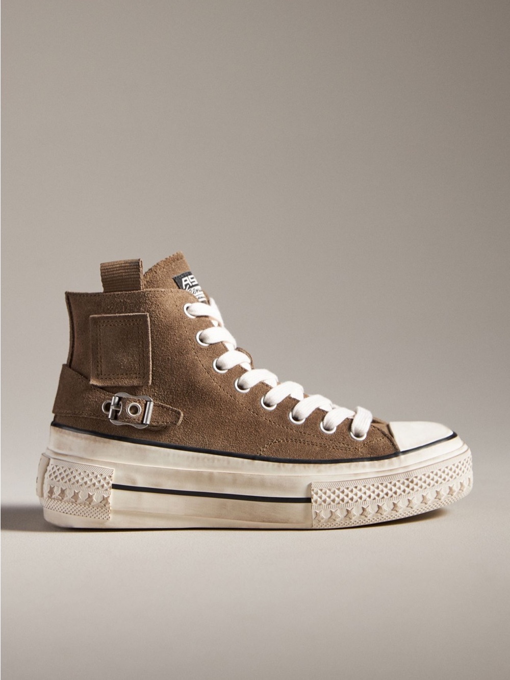 Ash Brown Suede High-Top Platform Sneaker with Buckle Detail